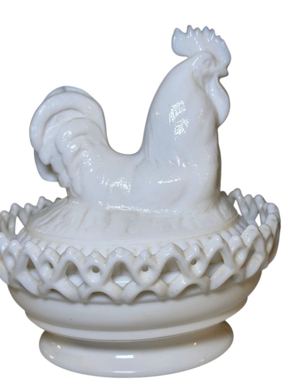 Vintage Imperial Milk Glass Hen on Nest HON Lace Bottom Rooster Cottagecore